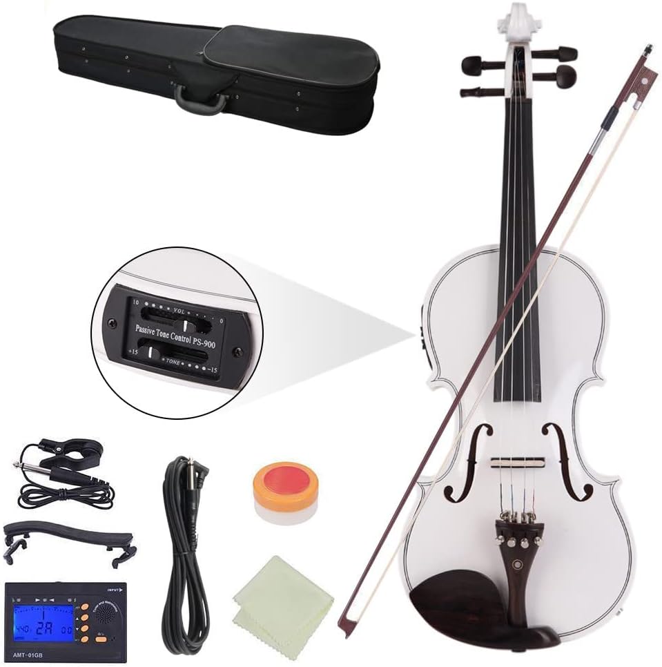 Acoustic Electric Violin, 4/4 Violin with EQ preamp and Ebony Accessories, Full-size Violin with AUX Cable, Shoulder Rest, Tuner, Rosin, Extra String and Cleaning Cloth (White)